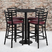 30'' Round Black Laminate Table Set with Round Base and 4 Ladder Back Metal Barstools - Burgundy Vinyl Seat, RSRB1025-GG