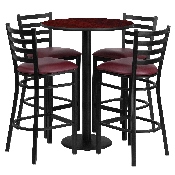 30'' Round Mahogany Laminate Table Set with Round Base and 4 Ladder Back Metal Barstools - Burgundy Vinyl Seat, RSRB1026-GG