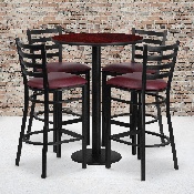 30'' Round Mahogany Laminate Table Set with Round Base and 4 Ladder Back Metal Barstools - Burgundy Vinyl Seat, RSRB1026-GG