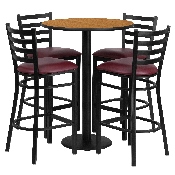 30'' Round Natural Laminate Table Set with Round Base and 4 Ladder Back Metal Barstools - Burgundy Vinyl Seat, RSRB1027-GG