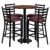 30'' Round Walnut Laminate Table Set with Round Base and 4 Ladder Back Metal Barstools - Burgundy Vinyl Seat, RSRB1028-GG