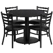36'' Round Black Laminate Table Set with Round Base and 4 Ladder Back Metal Chairs - Black Vinyl Seat, RSRB1029-GG