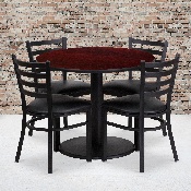 36'' Round Mahogany Laminate Table Set with Round Base and 4 Ladder Back Metal Chairs - Black Vinyl Seat, RSRB1030-GG