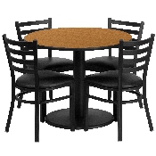 36'' Round Natural Laminate Table Set with Round Base and 4 Ladder Back Metal Chairs - Black Vinyl Seat, RSRB1031-GG