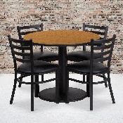 36'' Round Natural Laminate Table Set with Round Base and 4 Ladder Back Metal Chairs - Black Vinyl Seat, RSRB1031-GG