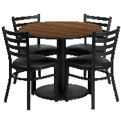 36'' Round Walnut Laminate Table Set with Round Base and 4 Ladder Back Metal Chairs - Black Vinyl Seat, RSRB1032-GG