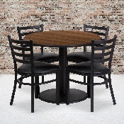 36'' Round Walnut Laminate Table Set with Round Base and 4 Ladder Back Metal Chairs - Black Vinyl Seat, RSRB1032-GG