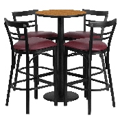 24'' Round Natural Laminate Table Set with Round Base and 4 Two-Slat Ladder Back Metal Barstools - Burgundy Vinyl Seat