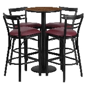 24'' Round Walnut Laminate Table Set with Round Base and 4 Two-Slat Ladder Back Metal Barstools - Burgundy Vinyl Seat