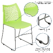 HERCULES Series 661 lb. Capacity Green Stack Chair with Air-Vent Back and Gray Powder Coated Sled Base, RUT-498A-GN-GG