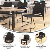 HERCULES Series Commercial Grade 660 lb. Capacity Black Plastic Stack Chair with Black Powder Coated Sled Base Frame and Integrated Carrying Handle, RUT-NC499A-BK-GG