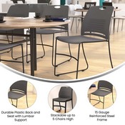 HERCULES Series Commercial Grade 660 lb. Capacity Gray Plastic Stack Chair with Black Powder Coated Sled Base Frame and Integrated Carrying Handle, RUT-NC499A-GY-GG
