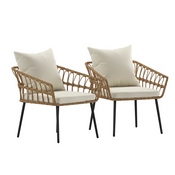 Evin Set of 2 Boho Indoor/Outdoor Rope Rattan Wicker Patio Chairs with Cream All-Weather Cushions, Natural, SB-1960-CH-CREAM-GG