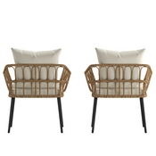 Evin Set of 2 Boho Indoor/Outdoor Rope Rattan Wicker Patio Chairs with Cream All-Weather Cushions, Natural, SB-1960-CH-CREAM-GG