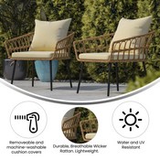 Evin Set of 2 Boho Indoor/Outdoor Rope Rattan Wicker Patio Chairs with Cream All-Weather Cushions, Natural, SB-1960-CH-CREAM-GG