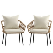 Evin Set of 2 Boho Indoor/Outdoor Rope Rattan Wicker Patio Chairs with Cream All-Weather Cushions, Natural, SB-1960-CH-CREAM-GG