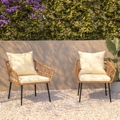 Evin Set of 2 Boho Indoor/Outdoor Rope Rattan Wicker Patio Chairs with Cream All-Weather Cushions, Natural, SB-1960-CH-CREAM-GG