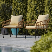 Evin Set of 2 Boho Indoor/Outdoor Rope Rattan Wicker Patio Chairs with Cream All-Weather Cushions, Natural, SB-1960-CH-CREAM-GG
