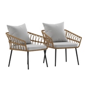 Evin Set of 2 Boho Indoor/Outdoor Rope Rattan Wicker Patio Chairs with Gray All-Weather Cushions, Natural, SB-1960-CH-GY-GG