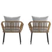 Evin Set of 2 Boho Indoor/Outdoor Rope Rattan Wicker Patio Chairs with Gray All-Weather Cushions, Natural, SB-1960-CH-GY-GG