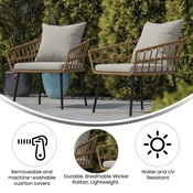Evin Set of 2 Boho Indoor/Outdoor Rope Rattan Wicker Patio Chairs with Gray All-Weather Cushions, Natural, SB-1960-CH-GY-GG