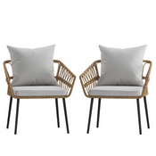 Evin Set of 2 Boho Indoor/Outdoor Rope Rattan Wicker Patio Chairs with Gray All-Weather Cushions, Natural, SB-1960-CH-GY-GG