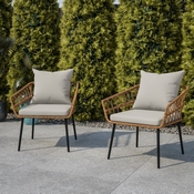 Evin Set of 2 Boho Indoor/Outdoor Rope Rattan Wicker Patio Chairs with Gray All-Weather Cushions, Natural, SB-1960-CH-GY-GG