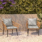 Evin Set of 2 Boho Indoor/Outdoor Rope Rattan Wicker Patio Chairs with Gray All-Weather Cushions, Natural, SB-1960-CH-GY-GG