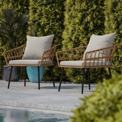 Evin Set of 2 Boho Indoor/Outdoor Rope Rattan Wicker Patio Chairs with Gray All-Weather Cushions, Natural, SB-1960-CH-GY-GG