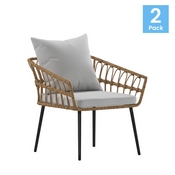 Evin Set of 2 Boho Indoor/Outdoor Rope Rattan Wicker Patio Chairs with Gray All-Weather Cushions, Natural, SB-1960-CH-GY-GG