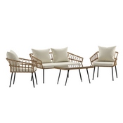 Evin Boho 4 Piece Indoor/Outdoor Rope Rattan Patio Conversation Set with Tempered Glass Top Coffee Table and Cream Cushions, Natural, SB-1960-CREAM-GG