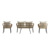 Evin Boho 4 Piece Indoor/Outdoor Rope Rattan Patio Conversation Set with Tempered Glass Top Coffee Table and Cream Cushions, Natural, SB-1960-CREAM-GG