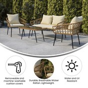 Evin Boho 4 Piece Indoor/Outdoor Rope Rattan Patio Conversation Set with Tempered Glass Top Coffee Table and Cream Cushions, Natural, SB-1960-CREAM-GG