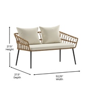 Evin Boho 4 Piece Indoor/Outdoor Rope Rattan Patio Conversation Set with Tempered Glass Top Coffee Table and Cream Cushions, Natural, SB-1960-CREAM-GG