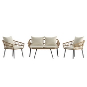 Evin Boho 4 Piece Indoor/Outdoor Rope Rattan Patio Conversation Set with Tempered Glass Top Coffee Table and Cream Cushions, Natural, SB-1960-CREAM-GG
