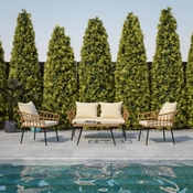 Evin Boho 4 Piece Indoor/Outdoor Rope Rattan Patio Conversation Set with Tempered Glass Top Coffee Table and Cream Cushions, Natural, SB-1960-CREAM-GG