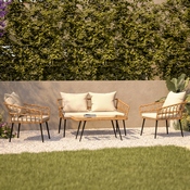 Evin Boho 4 Piece Indoor/Outdoor Rope Rattan Patio Conversation Set with Tempered Glass Top Coffee Table and Cream Cushions, Natural, SB-1960-CREAM-GG