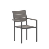 Finch Commercial Grade Patio Chair with Arms, Stackable Side Chair with Faux Teak Poly Slats and Metal Frame, Gray/Gray, SB-CA108-WA-GRY-GG