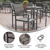 Finch Commercial Grade Patio Chair with Arms, Stackable Side Chair with Faux Teak Poly Slats and Metal Frame, Gray/Gray, SB-CA108-WA-GRY-GG