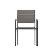 Finch Commercial Grade Patio Chair with Arms, Stackable Side Chair with Faux Teak Poly Slats and Metal Frame, Gray/Gray, SB-CA108-WA-GRY-GG