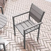 Finch Commercial Grade Patio Chair with Arms, Stackable Side Chair with Faux Teak Poly Slats and Metal Frame, Gray/Gray, SB-CA108-WA-GRY-GG