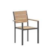 Finch Commercial Grade Patio Chair with Arms, Stackable Side Chair with Faux Teak Poly Slats and Metal Frame, Natural/Gray, SB-CA108-WA-NAT-GG