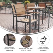 Finch Commercial Grade Patio Chair with Arms, Stackable Side Chair with Faux Teak Poly Slats and Metal Frame, Natural/Gray, SB-CA108-WA-NAT-GG