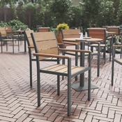 Finch Commercial Grade Patio Chair with Arms, Stackable Side Chair with Faux Teak Poly Slats and Metal Frame, Natural/Gray, SB-CA108-WA-NAT-GG