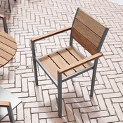 Finch Commercial Grade Patio Chair with Arms, Stackable Side Chair with Faux Teak Poly Slats and Metal Frame, Natural/Gray, SB-CA108-WA-NAT-GG