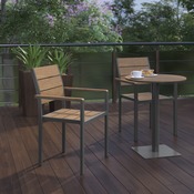 Finch Commercial Grade Patio Chair with Arms, Stackable Side Chair with Faux Teak Poly Slats and Metal Frame, Natural/Gray, SB-CA108-WA-NAT-GG