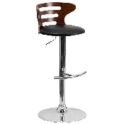 Walnut Bentwood Adjustable Height Barstool with Three Slot Cutout Back and Black Vinyl Seat, SD-2019-WAL-GG