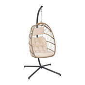 Cleo Patio Hanging Egg Chair, Wicker Hammock with Soft Seat Cushions & Swing Stand, Indoor/Outdoor Natural Frame-Cream Cushions, SDA-AD608001-NAT-GG