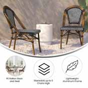 Bordeaux Indoor/Outdoor Commercial French Bistro Stacking Chair, Black and White PE Rattan Back and Seat, Bamboo Print Aluminum Frame in Natural, SDA-AD642001-BKWH-NAT-GG