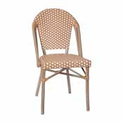 Lourdes Indoor/Outdoor Commercial French Bistro Stacking Chair, Natural/White PE Rattan Back and Seat, Bamboo Print Aluminum Frame in Light Natural, SDA-AD642001-F-NATWH-LTNAT-GG